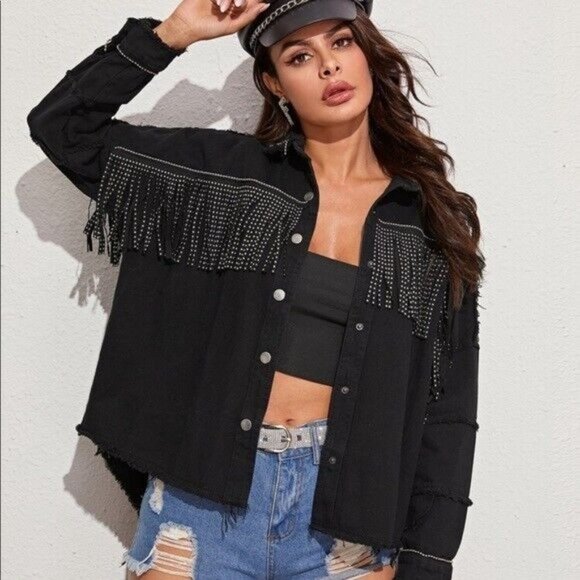 Zara Jackets & Coats Zara Black Denim Shiny Fringe Cowboy Western